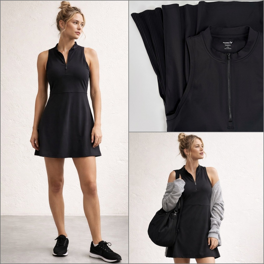 NWT Old Navy Athletic Dress S Black Half Zip Pleated Mini Tennis Pickleball Golf